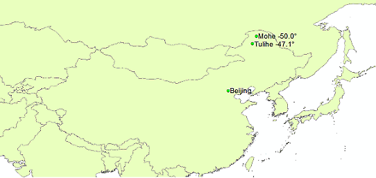 Bilden visar en karta över de lägsta temperaturerna i Kina fredagen den 20 januari 2023.