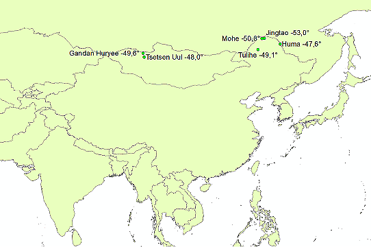 Bilden visar en karta med stationer i Kina och Mongoliet som haft mycket låga temperaturer i januari 2023.