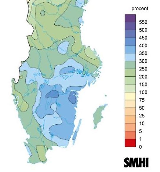 Kartan visar nederbörden i södra Sverige i förhållande till normalt