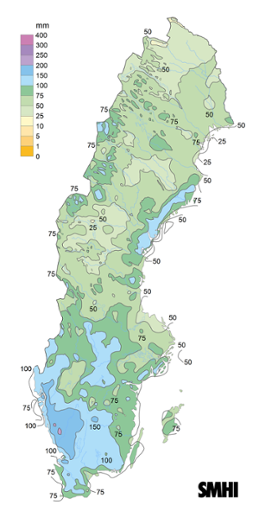Sverigekarta som visar nederbördssumma under januari 2023