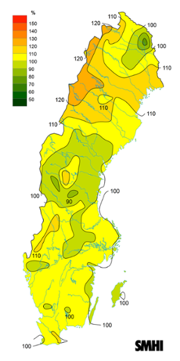 Sverigekarta som visar byvindens avvikelse från det normala (1996-2015) under januari 2023
