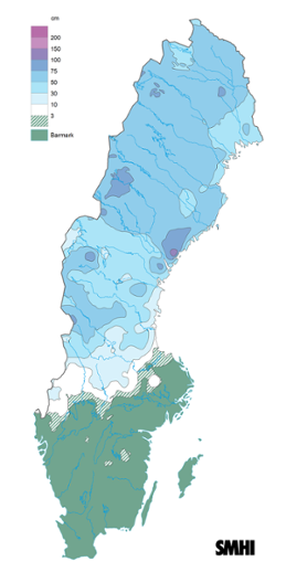 Sverigekarta som visar snödjupet den 15 januari 2023