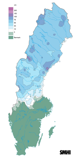 Sverigekarta som visar snödjupet den 31 januari 2023