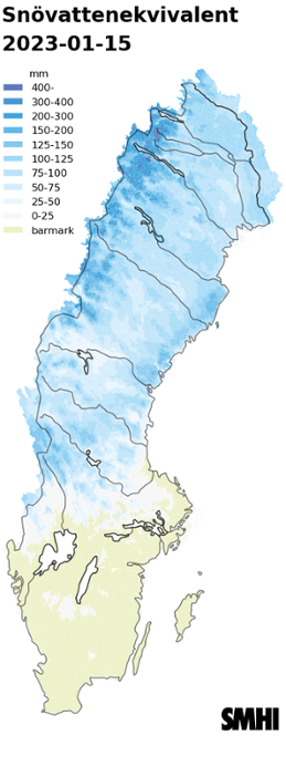 Karta över snötäckets beräknade vattenvärde 15 januari 2023 