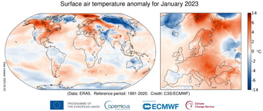 Global temperaturanomali (vänster bild) i januari 2023 samt för Europa (höger bild).
