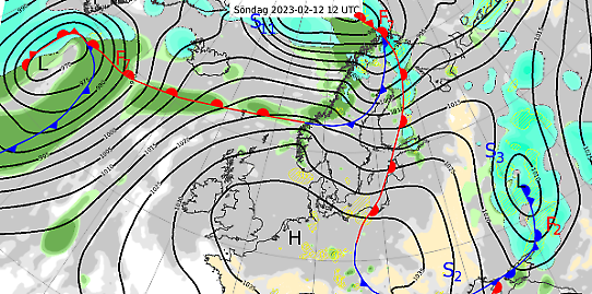 Bilden visar en karta med en analys av väderläget över Nordeuropa den 12 februari 2023.