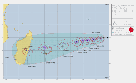 Prognostiserad bana för den tropiska orkanen Freddy utfärdad av JTWC den 17 februari.
