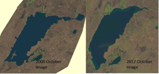 Figure 1. Images LandSat7 du lac Mweru Wantipa en octobre 2000 et octobre 2017 (les 2 images ne sont pas à la même échelle).