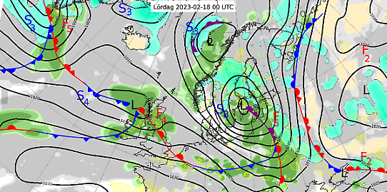 Bilden visar en karta med en analys av väderläget klockan 01 den 18 februari 2023.