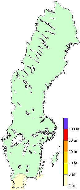 Bilden visar en karta över beräknad återkomsttid för byvindhastigheten under stormen Otto.