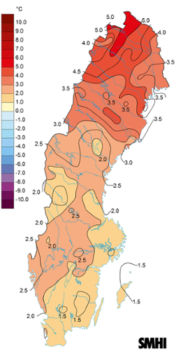 Sverigekarta som visar medeltemperaturens avvikelse från det normala under februari 2023
