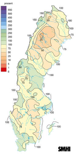 Sverigekarta som visar nederbördens avvikelse från det normala under februari 2023