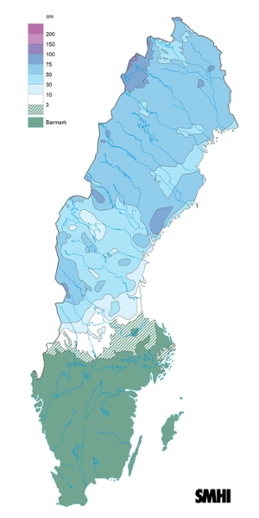 Sverigekarta som visar snödjupet den 15 februari 2023