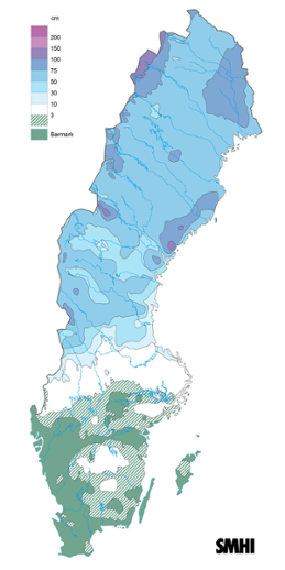 Sverigekarta som visar snödjupet den 28 februari 2023.