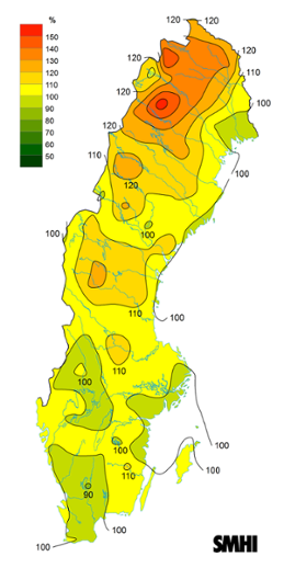 Sverigekarta som visar byvindens avvikelse från det normala (1996-2015) under februari 2023.