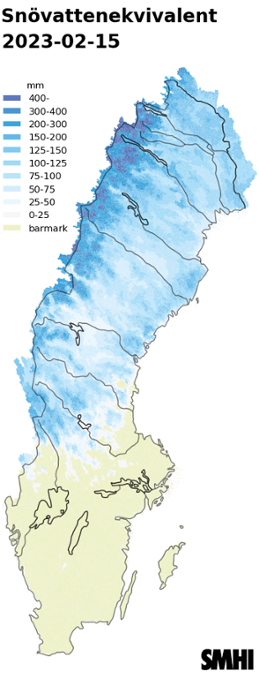 Karta över snötäckets beräknade vattenvärde 15 februari 2023.