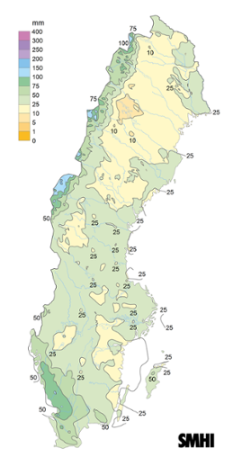 Sverigekarta som visar nederbördssumma under februari 2023