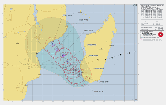 Prognostiserad bana för den tropiska stormen Freddy utfärdad kl 15 den 6:e mars av JTWC.