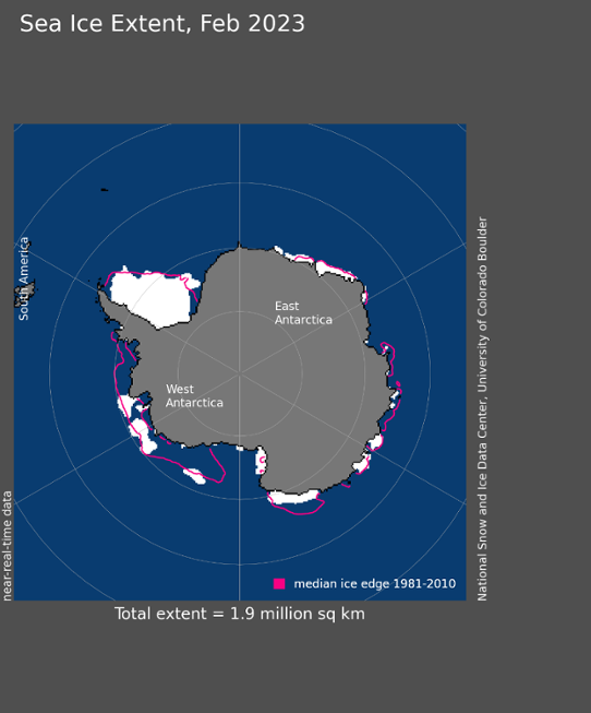 Bilden visar en karta över Isutbredningen kring Antarktis i februari 2023.