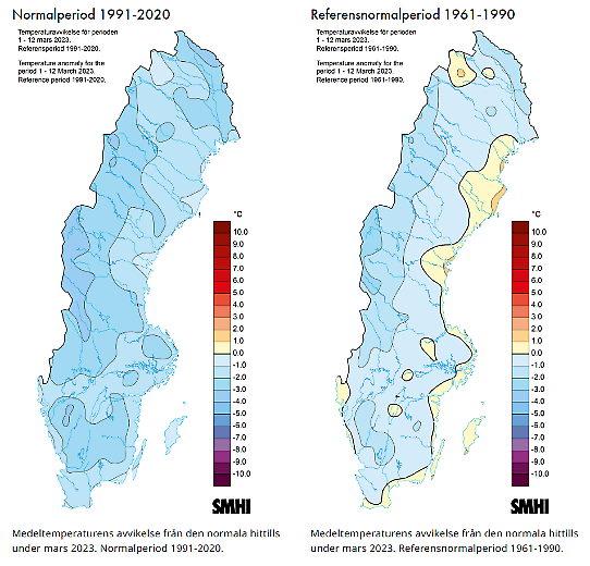 Bilden visar två kartor med temperaturavvijkelsen 1-12 mars 2023 i förhållande till referensperioden 1991-2020 (till vänster) och referensperioden 1961-1990 (till höger).