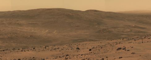 Vy över ett ökenlandskap på planeten Mars