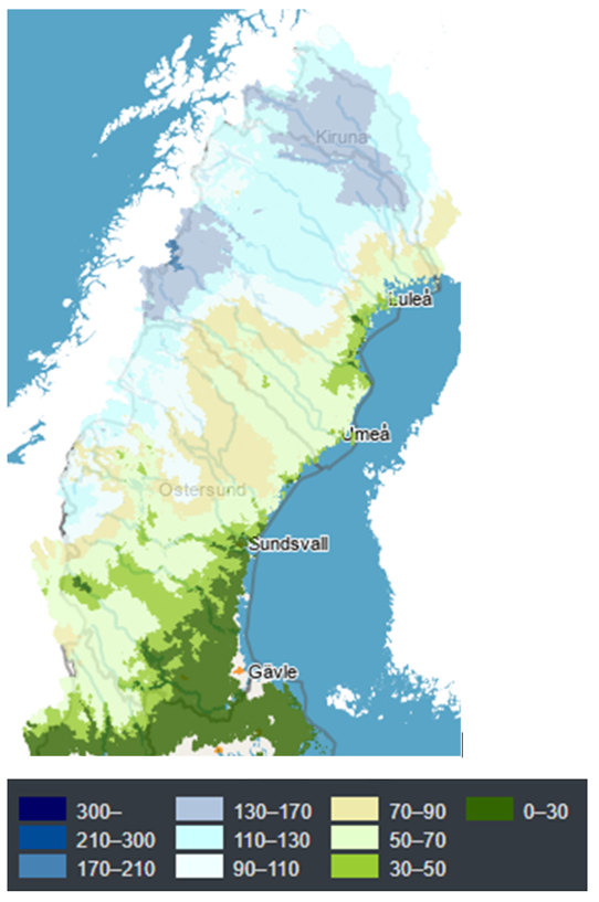 Karta snöns vatteninnehåll 23 jan 2022 Vattenåret