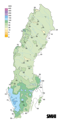Sverigekarta som visar nederbördssumma under mars 2023