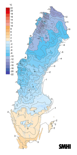 Sverigekarta som visar månadsmedeltemperaturen under mars 2023