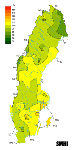 Sverigekarta som visar byvindens avvikelse från det normala (1996-2015) under mars 2023.