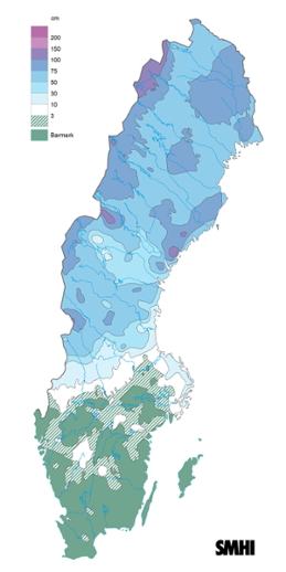 Sverigekarta som visar snödjupet den 15 mars 2023