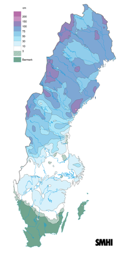 Sverigekarta som visar snödjupet den 31 mars 2023.