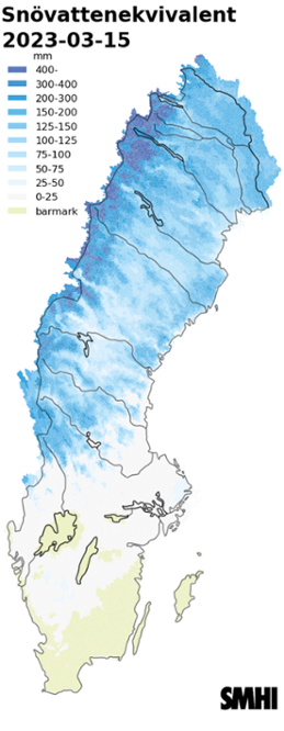 Karta över snötäckets beräknade vattenvärde 15 mars 2023 