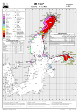 Karta som visar Is och ytvattentemperatur i havet 15 mars 2023.