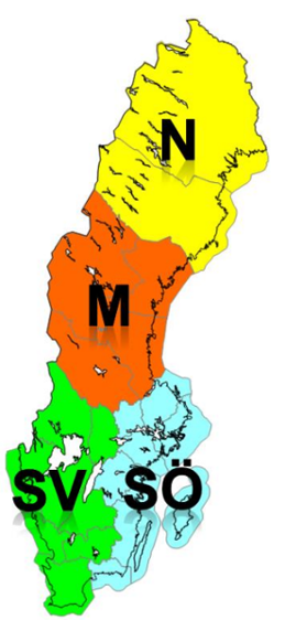 Sverigekarta indelad i fyra regioner.