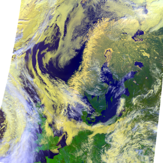 Satellitbild av aktuellt väder i norra Europa 2023-04-09 vid 09:45 UTC