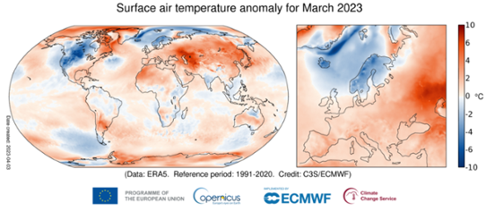 Global temperaturanomali (vänster bild) i mars 2023 samt för Europa (höger bild). Avvikelserna avser normalperioden 1991-2020.