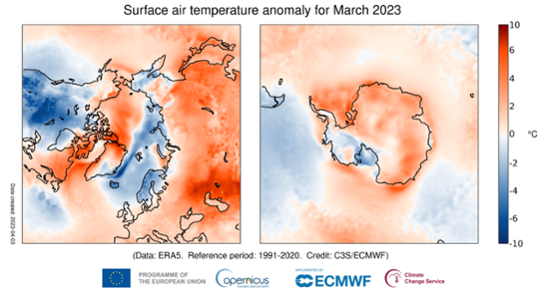 Temperaturavvikelse i mars 2023 för Arktis (vänster bild) och Antarktis (höger bild) relativt normalperioden 1991-2020.