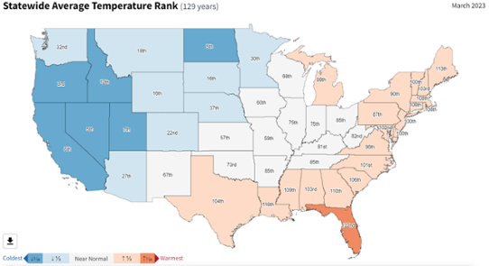 Ranking av medeltemperaturen i USA i mars 2023 delstatsvis.
