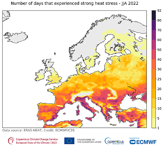 Karta visar antal dagar med stark värmestress 2022