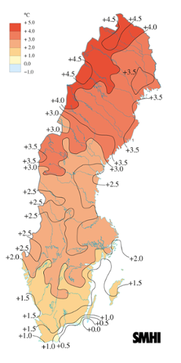 Karta över medeltemperaturens avvikelse från det normala under hösten 2011 