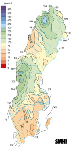 Sverigekarta som visar nederbördens avvikelse från det normala under april 2023
