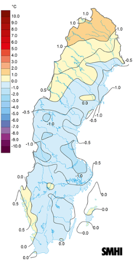Sverigekarta som visar medeltemperaturens avvikelse från det normala under april 2023
