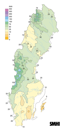 Sverigekarta som visar nederbördssumma under april 2023