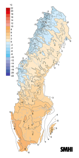 Sverigekarta som visar månadsmedeltemperaturen under april 2023