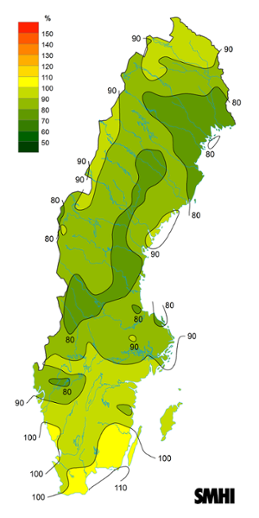 Sverigekarta som visar byvindens avvikelse från det normala (1996-2015) under april 2023.