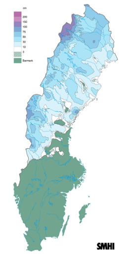 Sverigekarta som visar snödjupet den 30 april 2023.