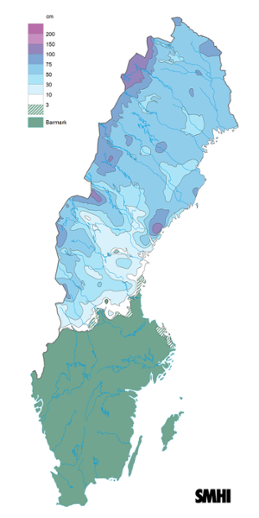 Sverigekarta som visar snödjupet den 15 april 2023