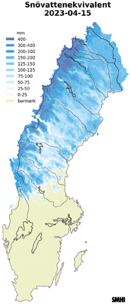 Karta över snötäckets beräknade vattenvärde 15 april 2023 
