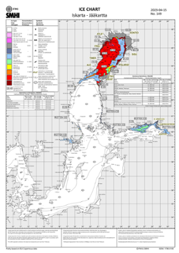 Karta som visar Is och ytvattentemperatur i havet 15 april 2023