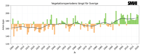 Stapeldiagram som visar uppmätt längd för vegetationsperioden i Sverige.